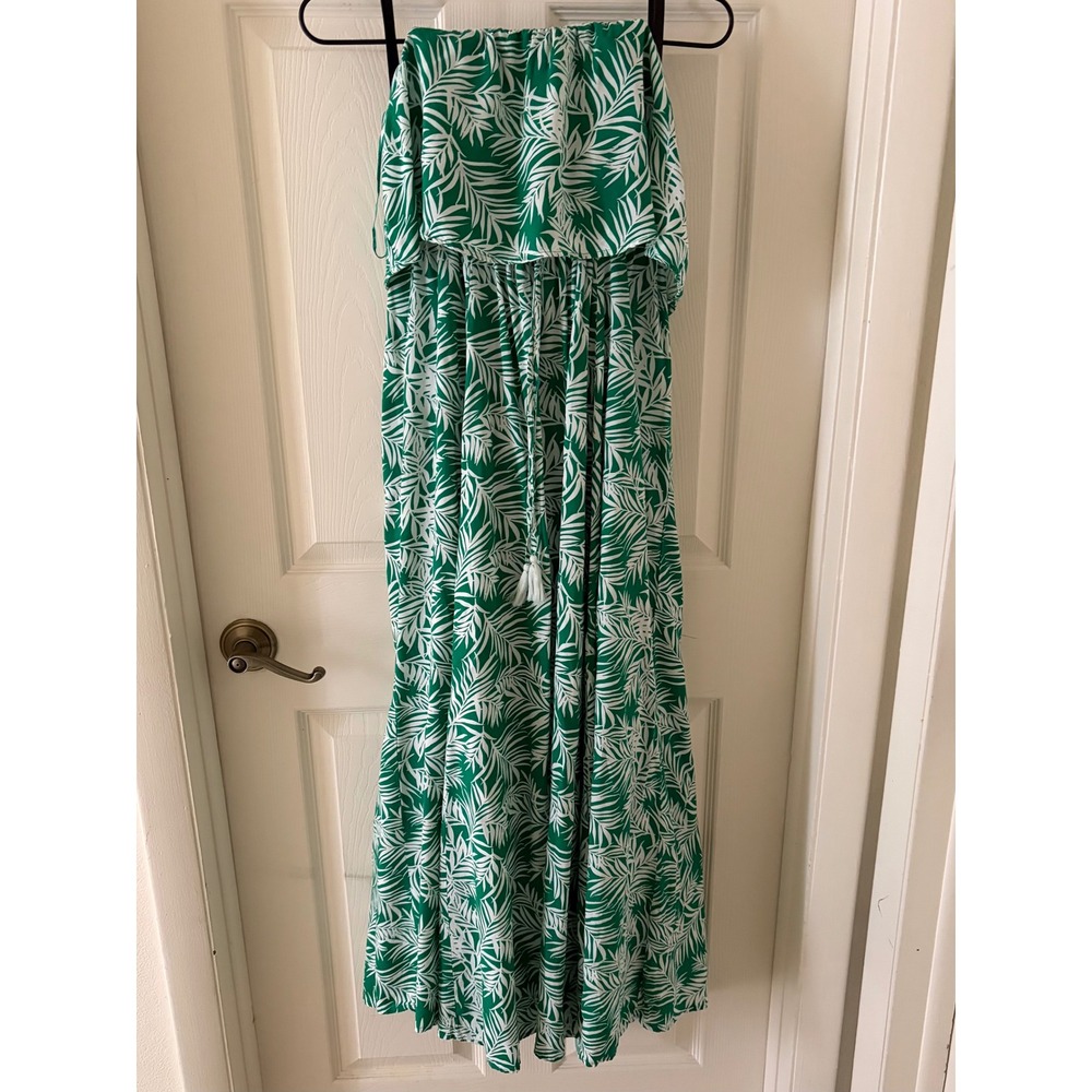 Japna‎ Green Palm Leaf Tropical Strapless Maxi Dress Boho 100% Rayon Sz M EUC